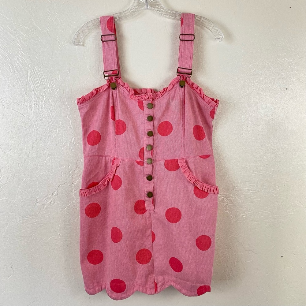 Unique Vintage Pink Polka Dot Ruffled Hem Overall